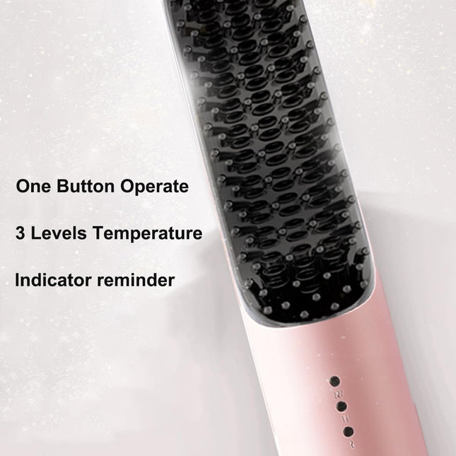 Portable Cordless Hair Straightening Brush with 3 Levels Temperature Auto-Off Anti-Scald Travel Curler Styler USB C Typec Rechargeable Electric Wireless Hair Straightener Comb - Pink
