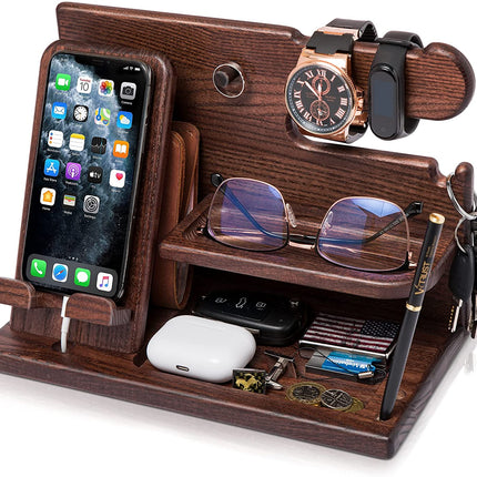 Gifts for Men Wood Phone Docking Station Desk Organizer Fathers Gifts Gifts for Him Xmas Gift Anniversary Birthday Presents Nightstand Key Wallet Stand for Men, Boyfriend, Dad