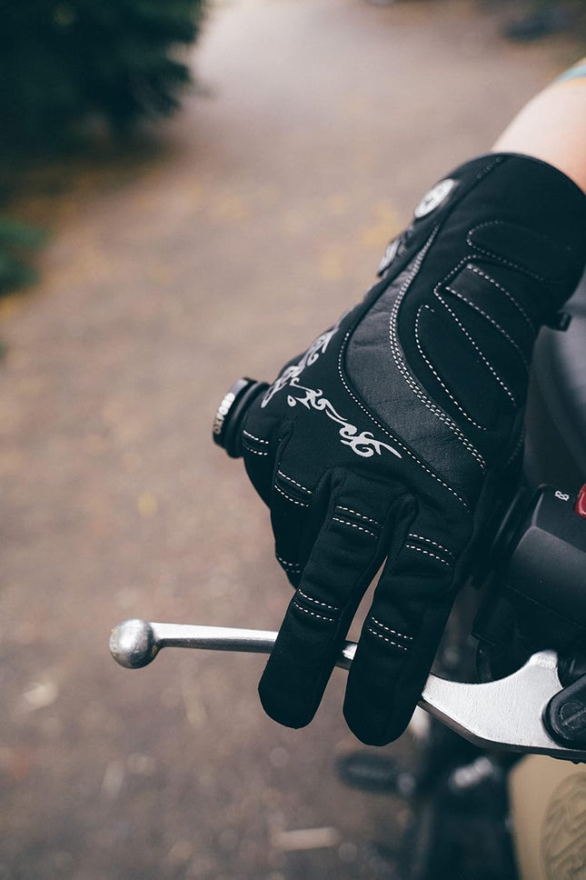 Womens Motorcycle Leather Gloves - Ladies Motorbike Riding Biker Moped Warm Winter Soft Lightweight Gloves Black Patterned - M