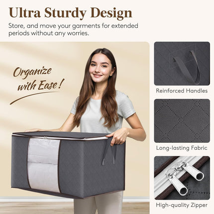 6 Pack Clothes Storage Bags, Foldable Storage Box Moving Bags Wardrobe Storage Organiser Packing Boxes for Moving House with Clear Window for Clothing Bedding Blankets, Grey