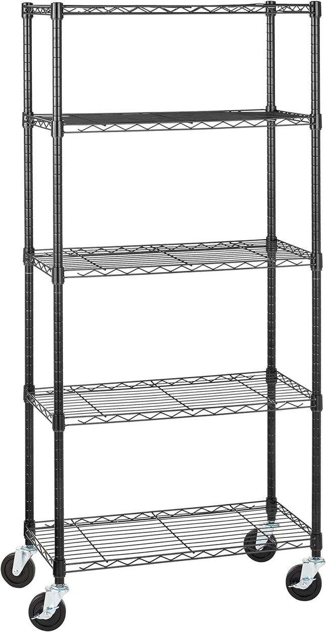 5-Shelf Medium Storage Unit on 4-Inch Casters with Height Adjustable Shelves and Levelling Feet - 680Kg Max Weight, Black, 76.2 Cm D X 35.6 Cm W X 164.5 Cm H