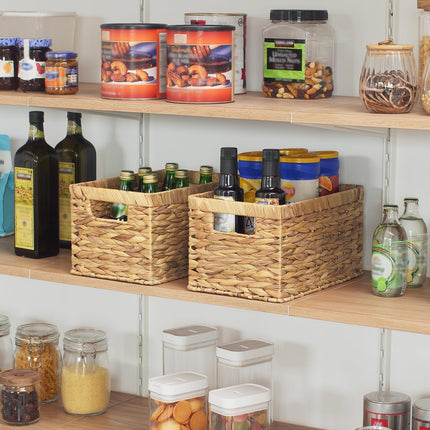Wicker Storage Baskets for Shelves, Large Shelf Baskets with Handles, Rectangular Wicker Storage Boxes, Woven Basket for Organising Pantry Bathroom, Natural Water Hyacinth, 2-Pack