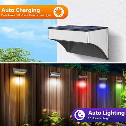 8Pack Solar Lights Outdoor Waterproof Solar Fence Lights 8 Modes RGB Solar Stainless Steel Wall Lamp for Yard Garden Fence Decor