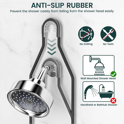 Shower Caddy Hanging Adjustable Shower Caddy, Rustproof Shower Organizer Extended Length Shower Caddy over Shower Head with Hooks Soap Holder, Large Capacity Anti-Swing Bathroom Organizer, Black