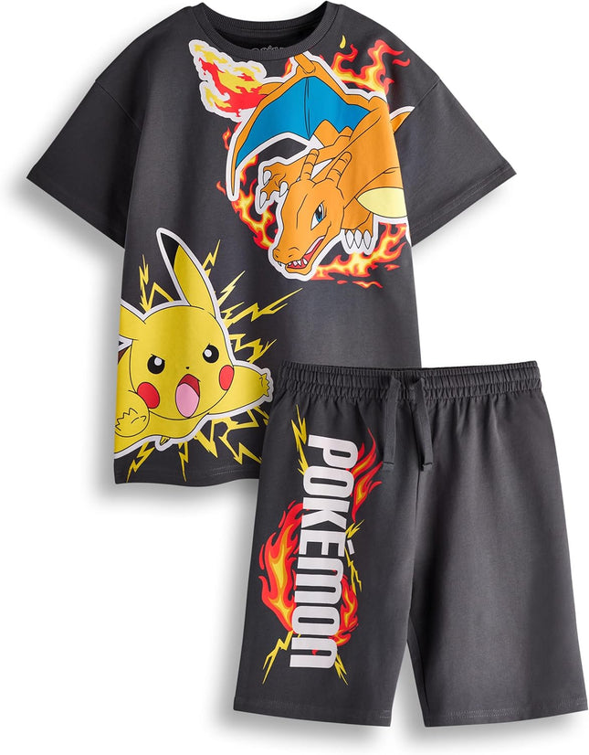 Pokemon Boys T-Shirt & Shorts Set | Kids Dark Grey Short Sleeve Graphic Tee & Bottoms Clothing Bundle | Pikachu Charizard Pokeball Complete Matching Outfit | Game TV Series Movie Merchandise Gift