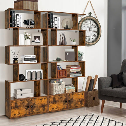 Industrial S-Shaped 5-Tier Bookcase with Cabinet