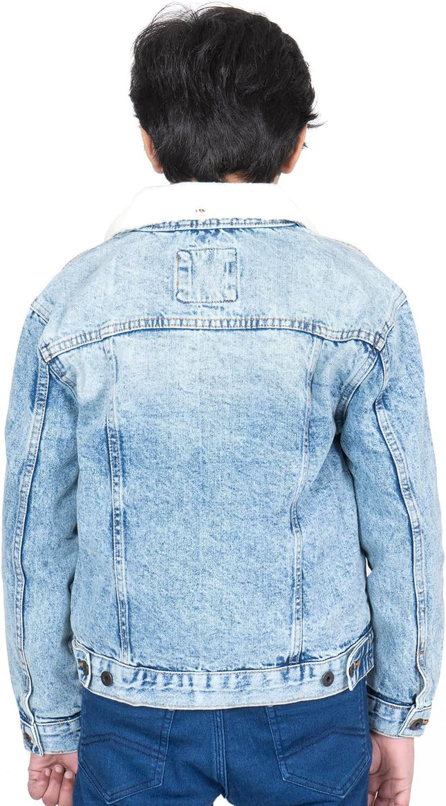 Boy’S Trucker Denim Jacket Detachable Sherpa Collar Washed Denim Classic Western Style Jean Coat UK Sizes 5-13 Years