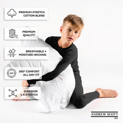 Boys Long John Ultra-Soft Cotton Stretch Base Layer Underwear Sets / 3 Long Sleeve Tops + 3 Long Pants - 6 Piece Mix & Match