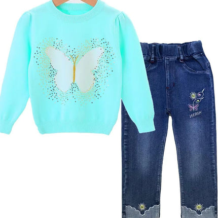 18Months-10T Little Big Kids Girls Clothing Sets 2Pcs Top Cotton Knitted Sweater Pullover with Denim Jeans