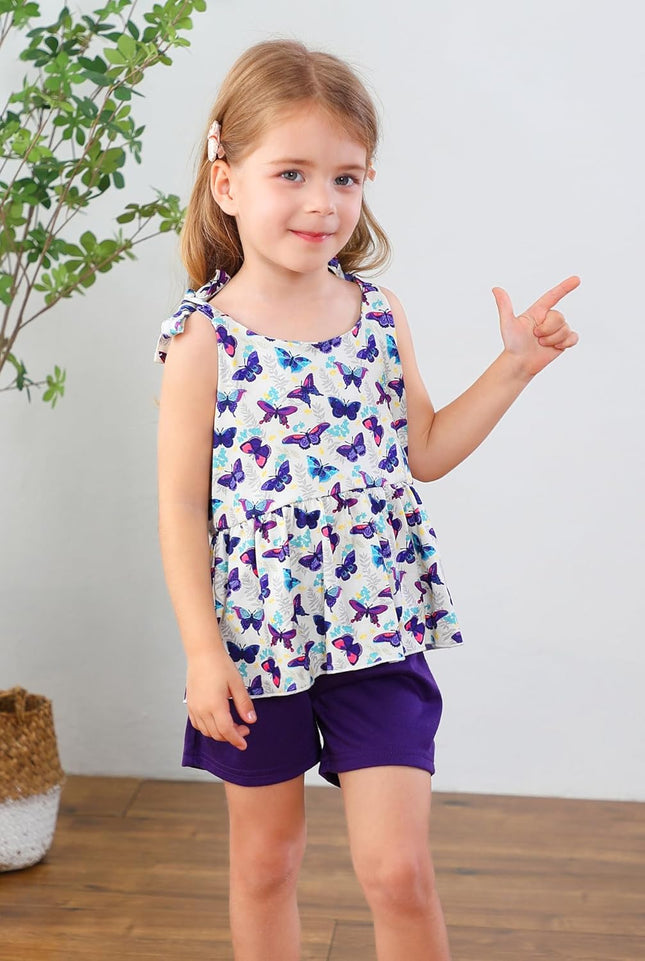 Toddler Girls Clothes Summer Short Set Outfit Tie Knot Shoulder Sleeveless Ruffle Tops and Shorts 2PC Clothing Set