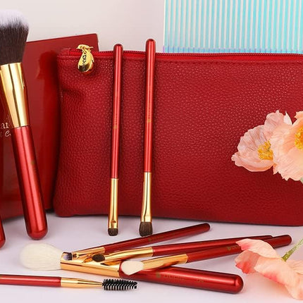 Makeup Brushes Red 10 Piece Makeup Brush Set with Case Premium Synthetic Hairs Kabuki Foundation Blending Eye Cosmetic Brushes Kit