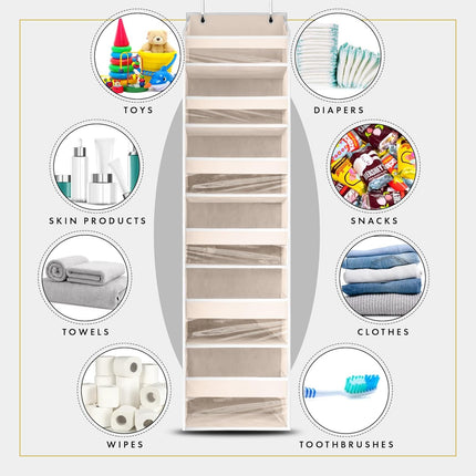 1 PC Heavy Duty over the Door Organizer 55X14X6.7, 6 Large Front & 12 Side Pockets, Hanging Storage Closet Door Organizer for Bedroom, Bathroom and Baby Nursery Storage (Ivory)