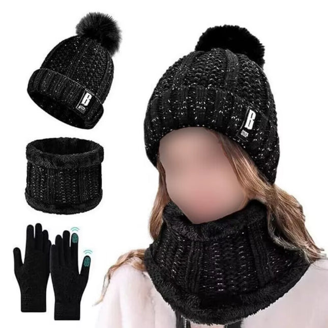 Womens Girls Thick Knit Hat Scarf and Touchscreen Gloves Set Knitted Winter Gift