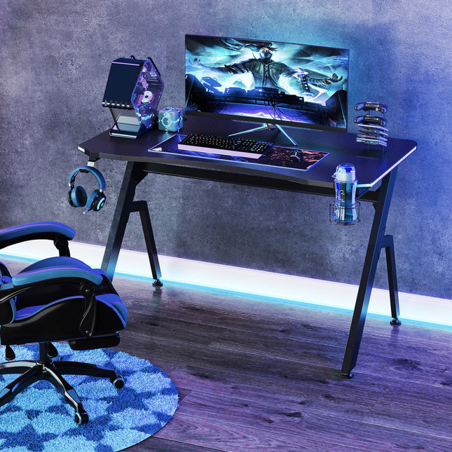 LED Ergonomic Gaming Desk Computer Table with Cup Holder Cable Management, Black