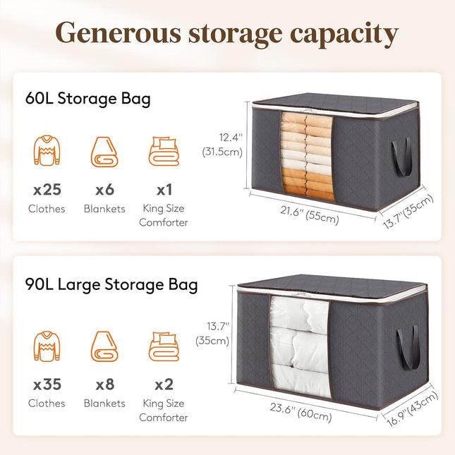 6 Pack Clothes Storage Bags, Foldable Storage Box Moving Bags Wardrobe Storage Organiser Packing Boxes for Moving House with Clear Window for Clothing Bedding Blankets, Grey