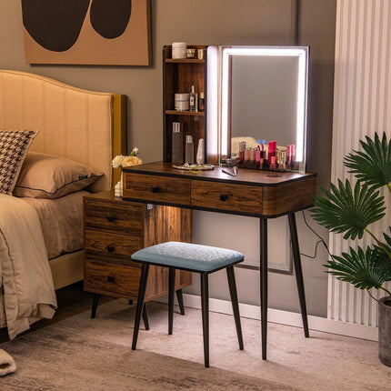 Vanity Table Set with 3-Color LED Lights Mirror and Charging Station