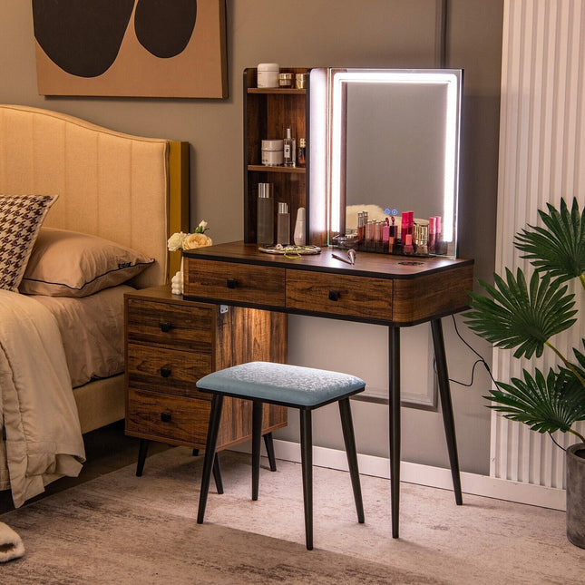 Vanity Table Set with 3-Color LED Lights Mirror and Charging Station