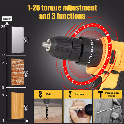 29PCS Cordless Screwdriver Set 21V Cordless Impact Drill Tool Set 2 Batteries