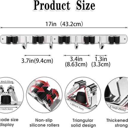 5 Holders+4 Hooks Broom Holder Wall Mounted with Nails Installation, Heavy Duty Stainless Steel Mop Holder, Brush Mop and Broom Storage Self Adhesive