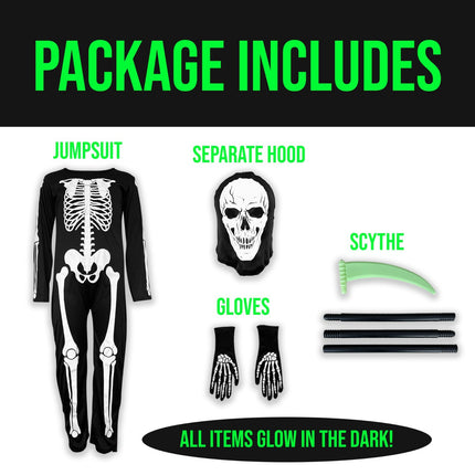 Childrens Kids Skeleton Fancy Dress Costume Glow Halloween Outfit Boys Girls