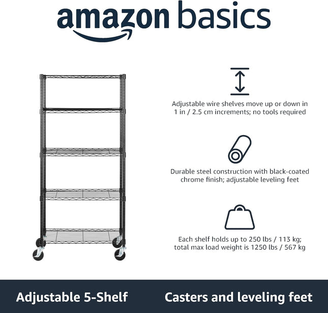 5-Shelf Medium Storage Unit on 4-Inch Casters with Height Adjustable Shelves and Levelling Feet - 680Kg Max Weight, Black, 76.2 Cm D X 35.6 Cm W X 164.5 Cm H