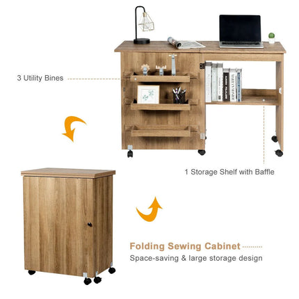Folding Sewing Table with Storage Shelves and Lockable Casters