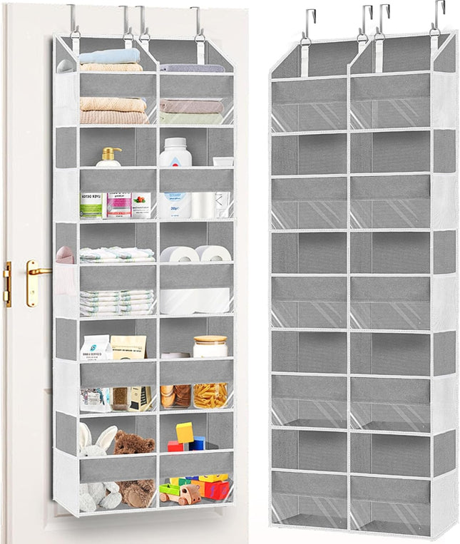 Over the Door Organizer, 5-Tier Extra Large behind Door Storage with 10 Big Front & 10 Mesh Pockets, 80Lb Capacity, Hanging Storage Organizer with Clear Window Kids Toys, Shoes, Diapers, Light Grey