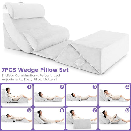 7 PCS Adjustable Support Pillow Set Bed Wedge Pillows Triangle Sit-Up Pillow