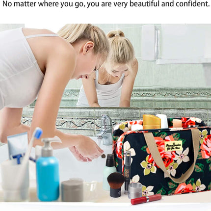 Toiletry Bag for Women Portable Cosmetic Bag Large Toiletries Organizer Storage Navy Rose Toiletry Kit Leakproof Travel Make up for Girls Floral Cosmetic Case (Navy Rose)