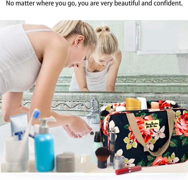 Toiletry Bag for Women Portable Cosmetic Bag Large Toiletries Organizer Storage Navy Rose Toiletry Kit Leakproof Travel Make up for Girls Floral Cosmetic Case (Navy Rose)
