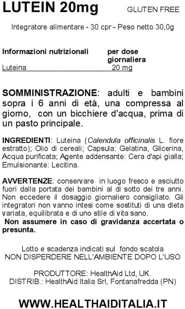 Lutein 20Mg - Carotenoid - 30 Vegan Tablets 803165