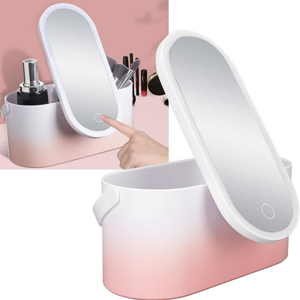 Makeup Case Pink Gradient Portable Large Capacity Foldable Rotating LED Light Makeup Storage Box with Makeup Mirror Smart Chargeable for Home Travel Use