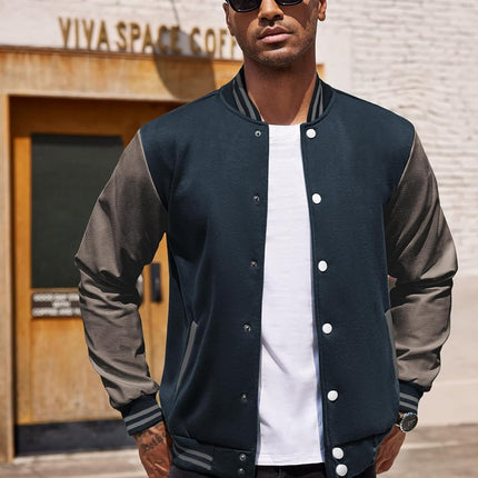 Mens Fashion Varsity Jackets Leather Sleeve Slim Fit College Baseball Letterman Bomber Coat