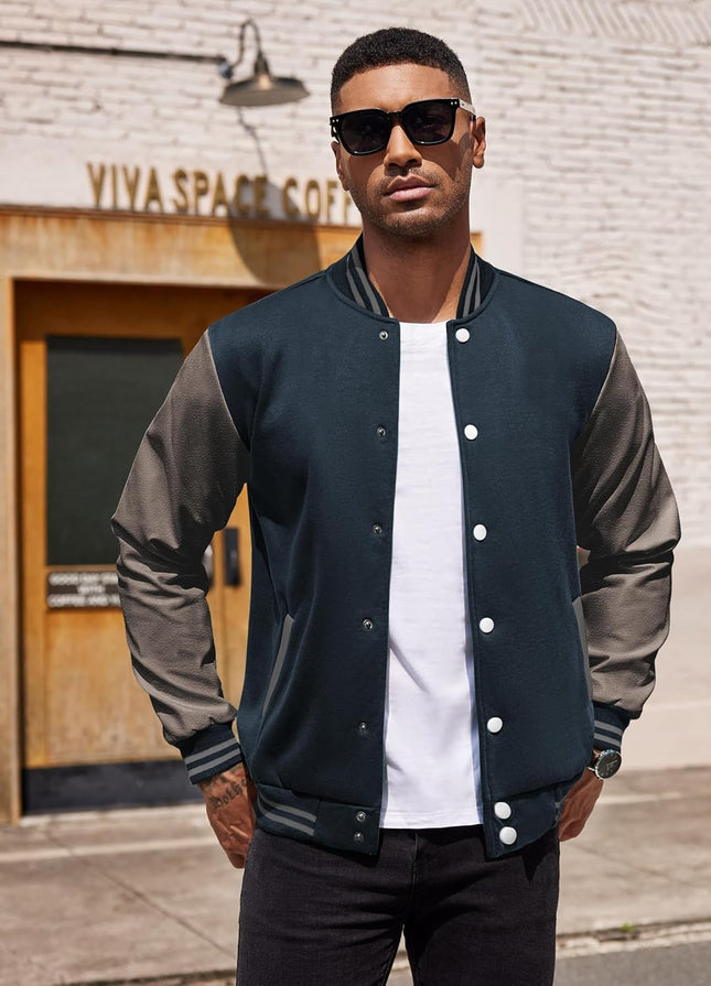 Mens Fashion Varsity Jackets Leather Sleeve Slim Fit College Baseball Letterman Bomber Coat
