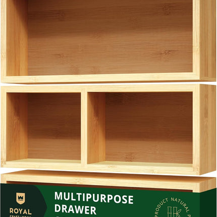 Luxury Bamboo Drawer Organizer Storage Box, Bin Set - Multi-Use Drawer Organizer for Kitchen, Bathroom, Office Desk, Makeup, Jewelry (3 Boxes)