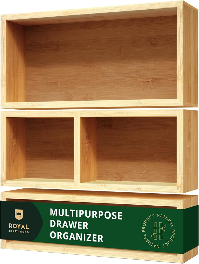 Luxury Bamboo Drawer Organizer Storage Box, Bin Set - Multi-Use Drawer Organizer for Kitchen, Bathroom, Office Desk, Makeup, Jewelry (3 Boxes)
