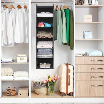 6 Tier Shelf Hanging Closet Organizer, Closet Hanging Shelf with 2 Sturdy Hooks for Storage, Foldable (Grey)