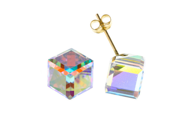 9Ct Gold Crystal Cube Earrings Yellow Gold Studs Austrian Crystal