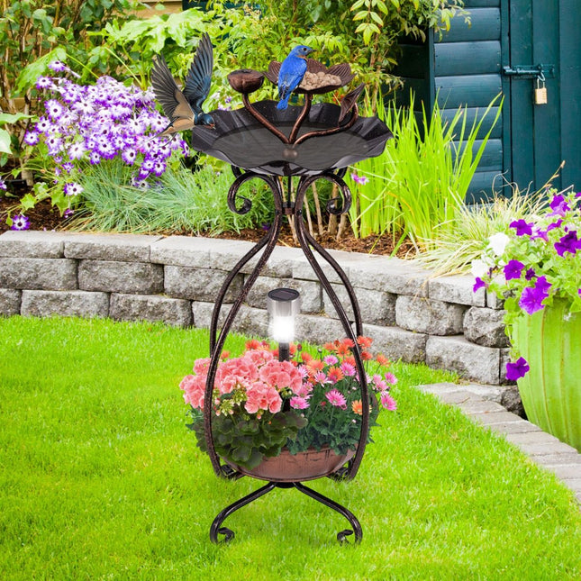 79 Cm Solar Outdoor Bird Bath with Flower Planter Base and LED Light