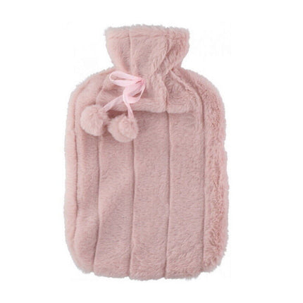 Large 2L Rubber Hot Water Bottle with Warm Faux Fur Fluffy Plush Pom Pom Cover
