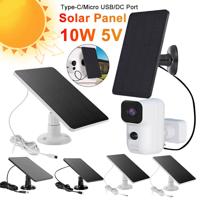 10W 5V Solar Panel Phone Charger 360° Adjustable Mounting Solar Plate Charger Micro USB Type-C Port for Outdoor Security Camera