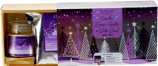 Spa Christmas Bath Gift Set Including Candle, Epsom Salts, Bath Bomb Jasmine, Lavender, Coconut Boxed for Relaxing Festive Giving