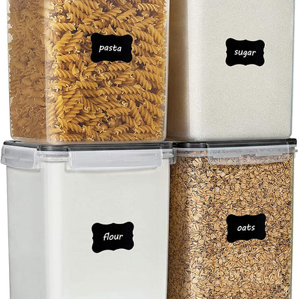 Large Food Storage Containers 5.2L / 175Oz, 4 Pack Plastic Airtight Storage Containers with Lids for Flour, Sugar, Rice, 4 Measuring Cups and 24 Labels, BPA Free, Black