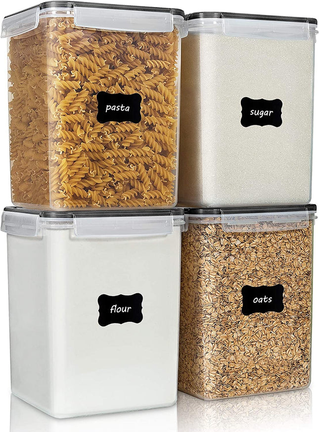 Large Food Storage Containers 5.2L / 175Oz, 4 Pack Plastic Airtight Storage Containers with Lids for Flour, Sugar, Rice, 4 Measuring Cups and 24 Labels, BPA Free, Black