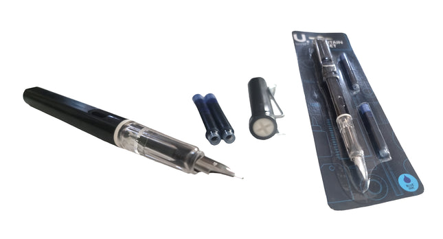 Fountain Pen Blue Ink Medium Writing Nib with Lid and 2 Cartridges Black Plastic