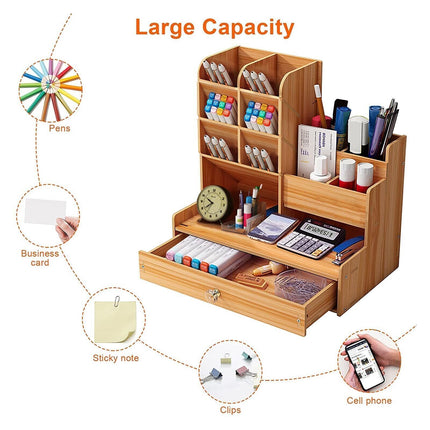 Wooden Pen Pencil Storage Holder Office Study Desk Organizer Box Tidy Shelf Case