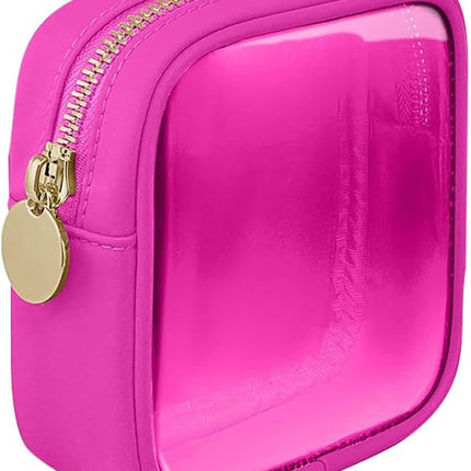 Small Nylon PVC Cosmetic Travel Bag Mini Clear Makeup Bag Waterproof Toiletry Storage Clutch Coin Zipper Pouch Beauty Skincare Bag for Women Girls Hot Pink