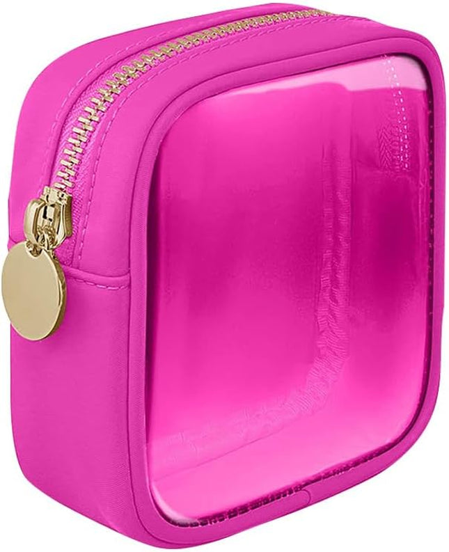 Small Nylon PVC Cosmetic Travel Bag Mini Clear Makeup Bag Waterproof Toiletry Storage Clutch Coin Zipper Pouch Beauty Skincare Bag for Women Girls Hot Pink