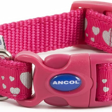 Ancol Fashion Collar Pink Reflective Hearts Adjustable Nylon Dog Collar for Pupp