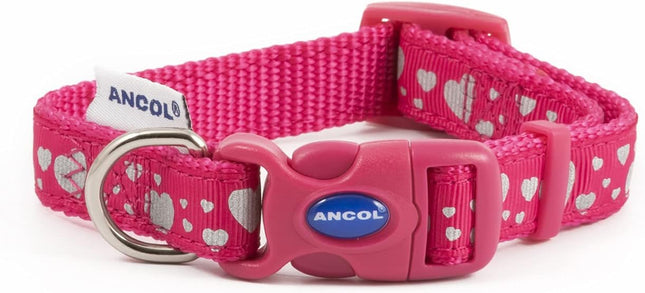 Ancol Fashion Collar Pink Reflective Hearts Adjustable Nylon Dog Collar for Pupp